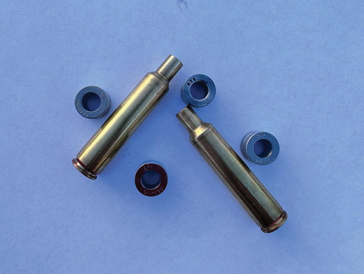 As often happens, bushings do not resize to what is inscribed.&nbsp;Desiring .003 inch of neck tension, three different bushings were tried.&nbsp;First was a .270-inch bushing.&nbsp;This bushing resized the annealed case necks to a diameter of .2703 inch.&nbsp;With an over-bullet measurement of .2740 inch, this bushing produced .0037 inch of neck tension.&nbsp;Second, was a .271-inch bushing which resized the case necks to .2719 inches resulting in .0021-inch neck tension.&nbsp;With this tension, the bullet was moved in the case with modest effort, not a good situation for a cartridge used in the field.&nbsp;Last, a different .271-inch neck bushing was ordered.&nbsp;This new bushing resized the case neck to .2705 inch resulting in .0035 inch of neck tension.&nbsp;On target, this is an unnoticeable difference from the .270 inch bushing.